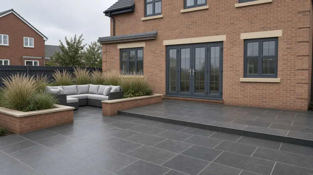 Example image: a spacious charcoal porcelain patio with an outdoor sofa behind a modern brick house