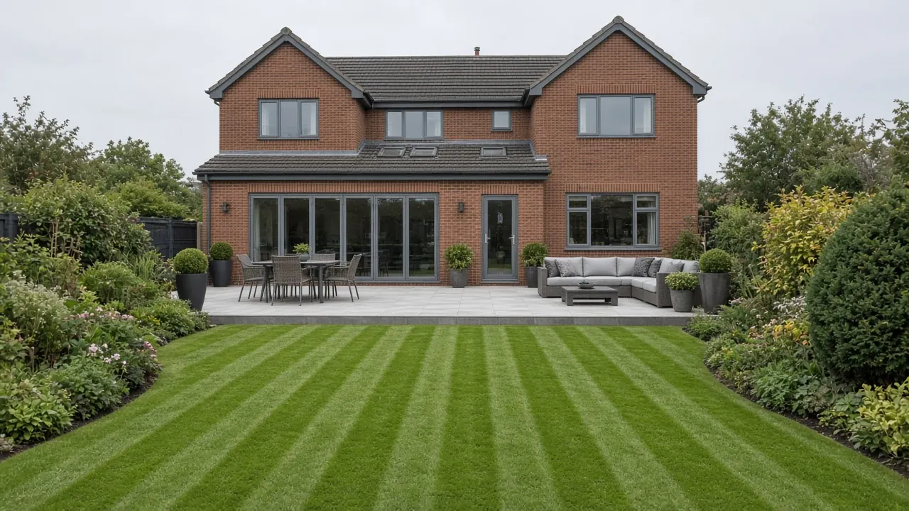 Example image: a wide pale grey patio with outdoor dining and lounge furniture behind a detached red-brick house, seen across a striped lawn