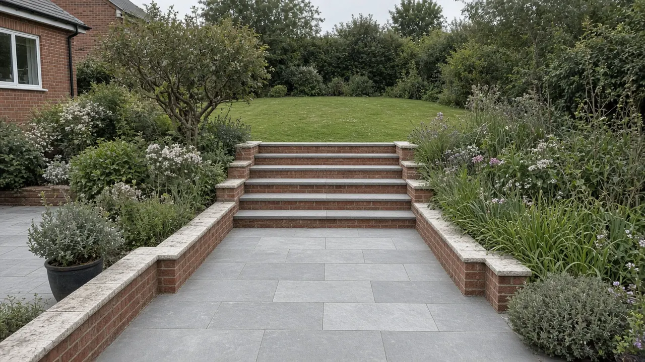 Example image: a grey slab path leading to wide, even steps between low brick walls in a sloping garden