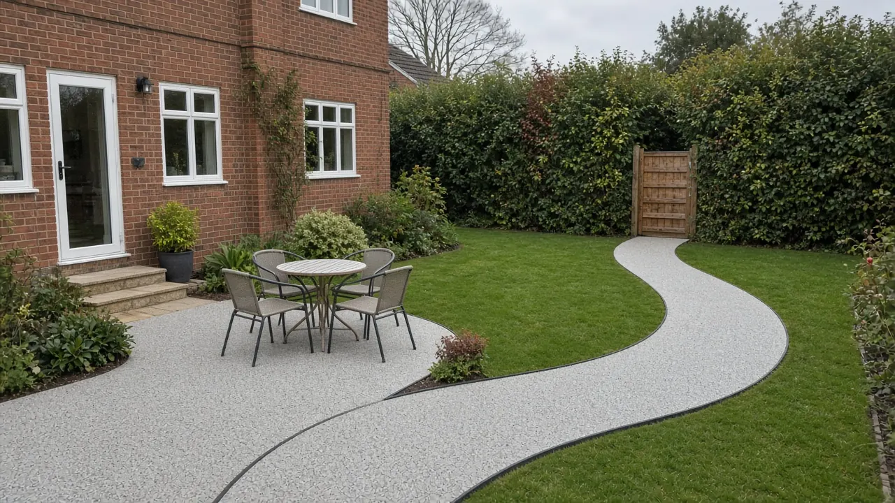 Example image: a silver-grey resin-bound path curving across a lawn from a sitting area to a garden gate