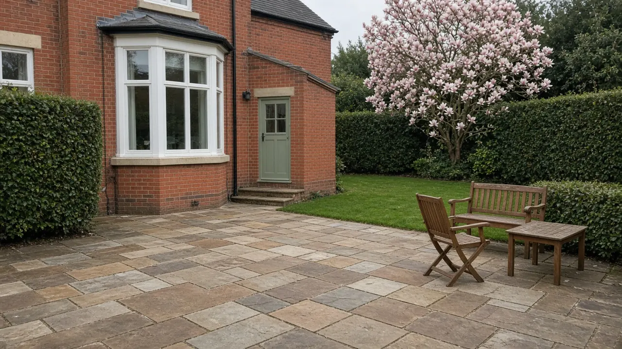 Example image: a warm-toned riven Indian sandstone patio behind a red-brick house with a bay window