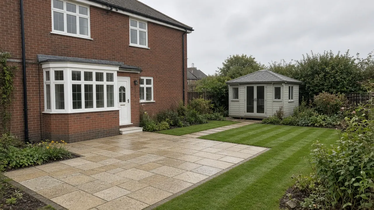 Example image: a buff slab patio behind a red-brick semi with a bay window, with a summerhouse at the end of the lawn
