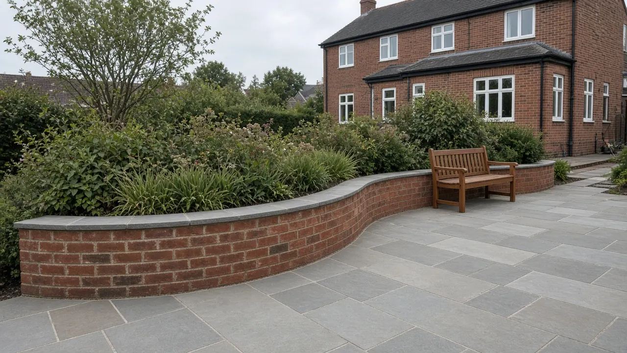 Example image: a low curved red-brick wall with a stone coping forming a raised bed beside a sandstone patio
